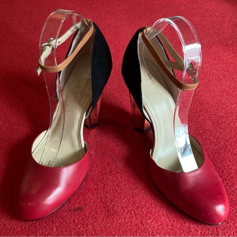 UNITED NUDE Sz 40 Rounded Toe Leather Suede Ankle  Strap Golden Heel Shoes Heels